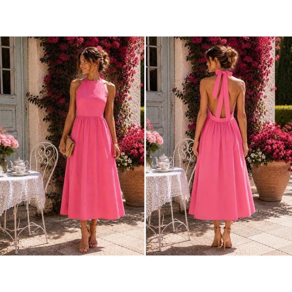 NWT Zara Halter Midi Dress M Open Back Bow Tie Pink Cotton Blend